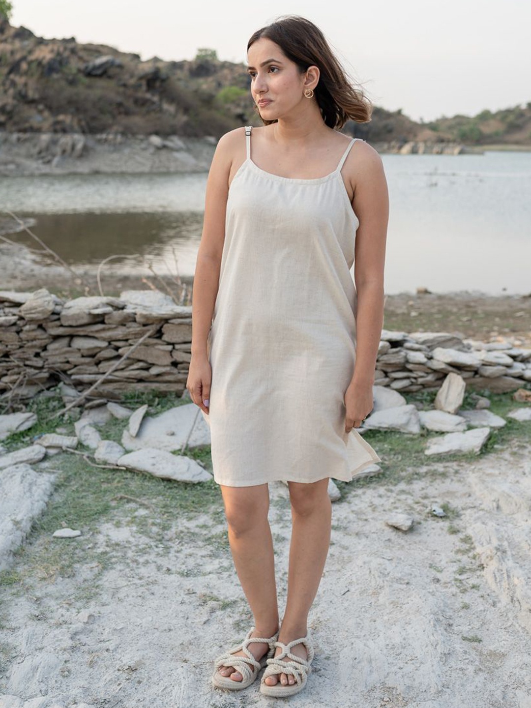 

Babli Shoulder Straps Ivory Cream Slip A-Line Dress, Off white