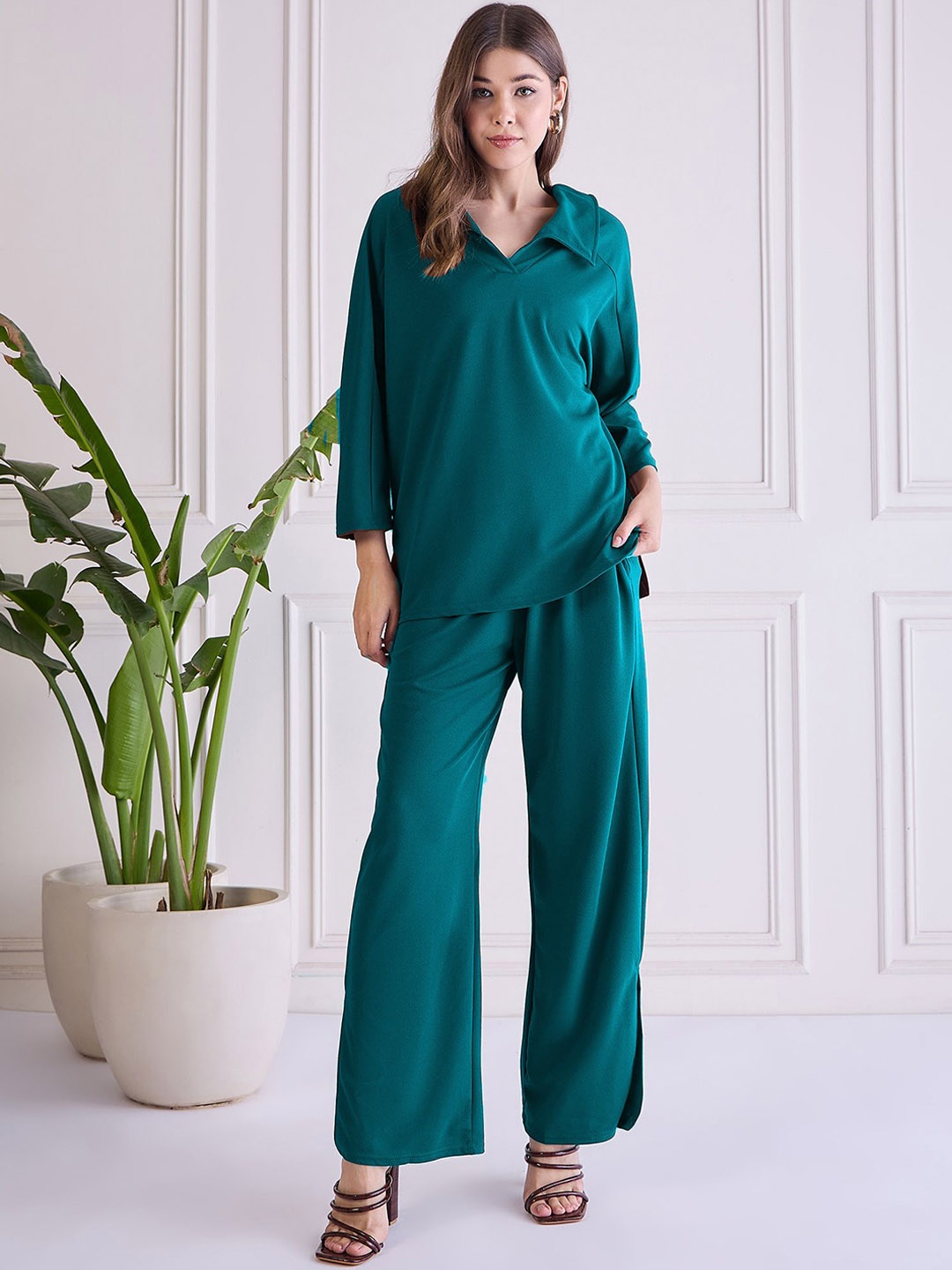 

Chemistry Shirt Collar Top With Wide Leg Trousers, Teal