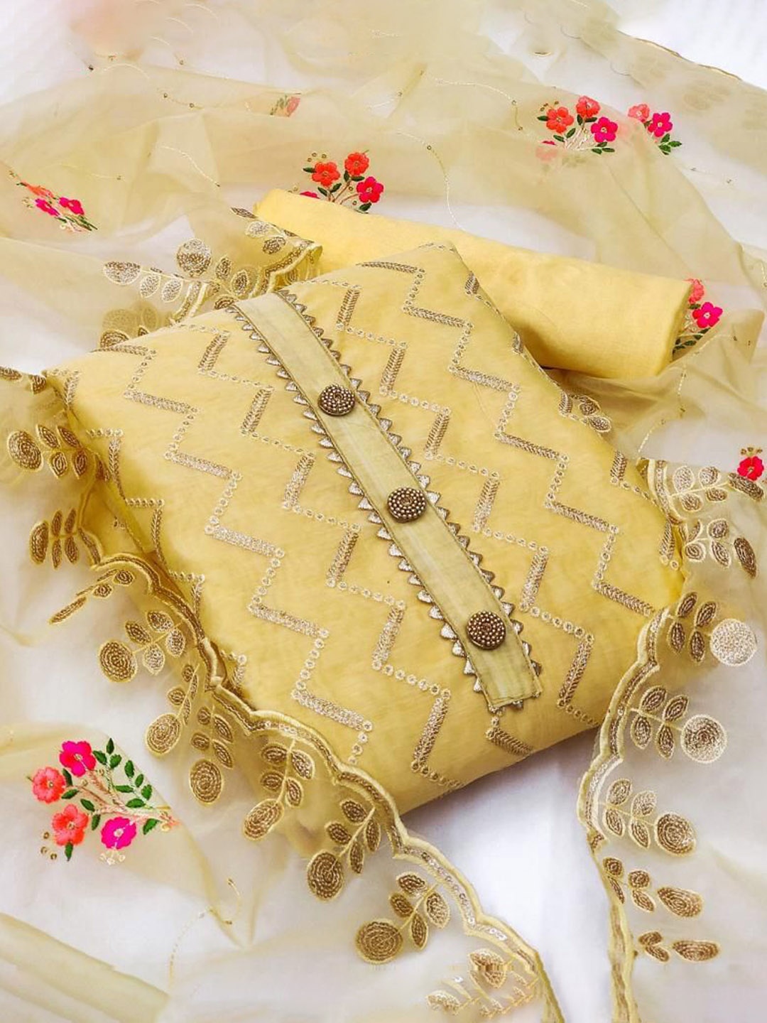 

KALINI Chevron Embroidered Chanderi Sequinned Unstitched Dress Material, Yellow