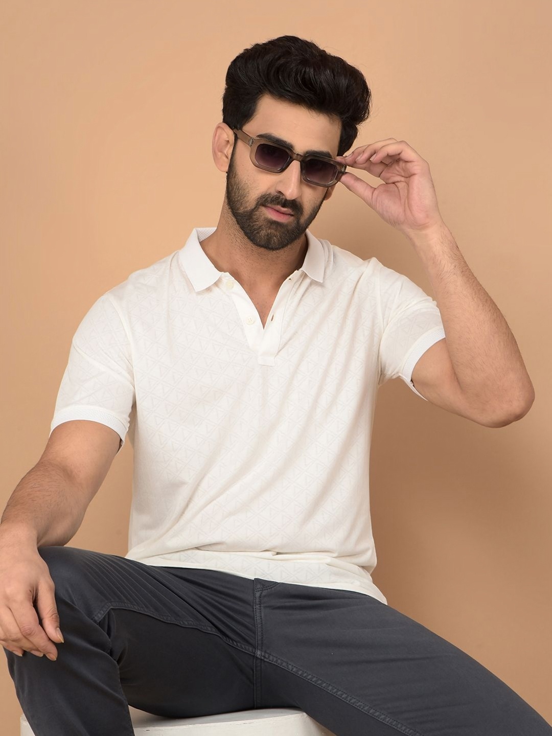 

Crimsoune Club Men Geometric Printed Polo Collar Cotton Slim Fit T-shirt, White