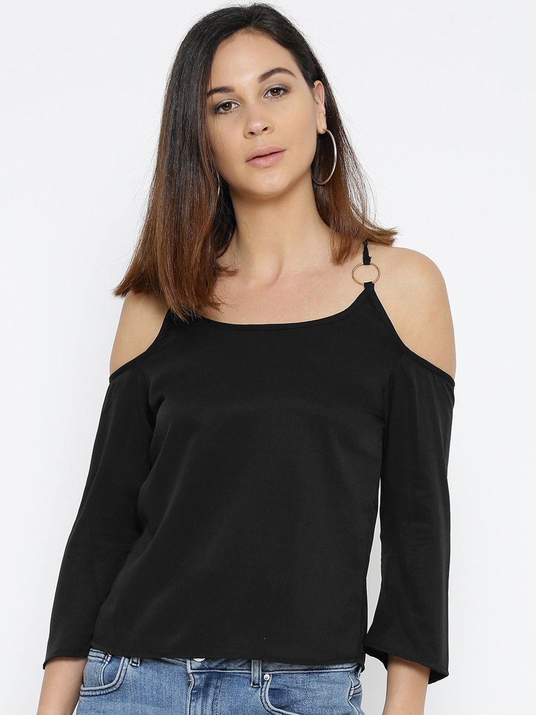 

Moda Rapido Women Cold-Shoulder Crepe Styled Back Top, Black