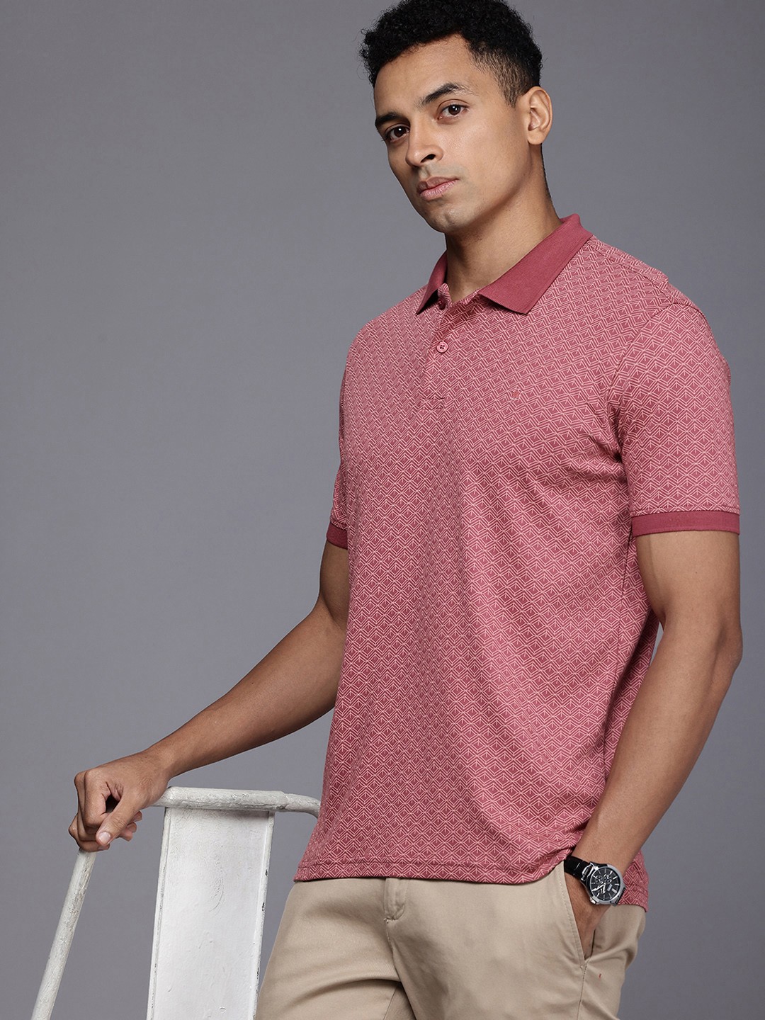 

Louis Philippe Geometric Printed Polo Collar Pure Cotton T-shirt, Pink