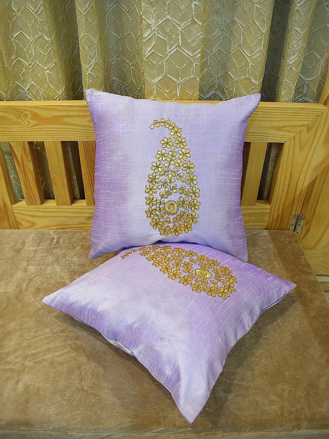 

RoyalDeco Lavender & Gold-Toned 2 Pieces Embroidered Silk Square Cushion Covers