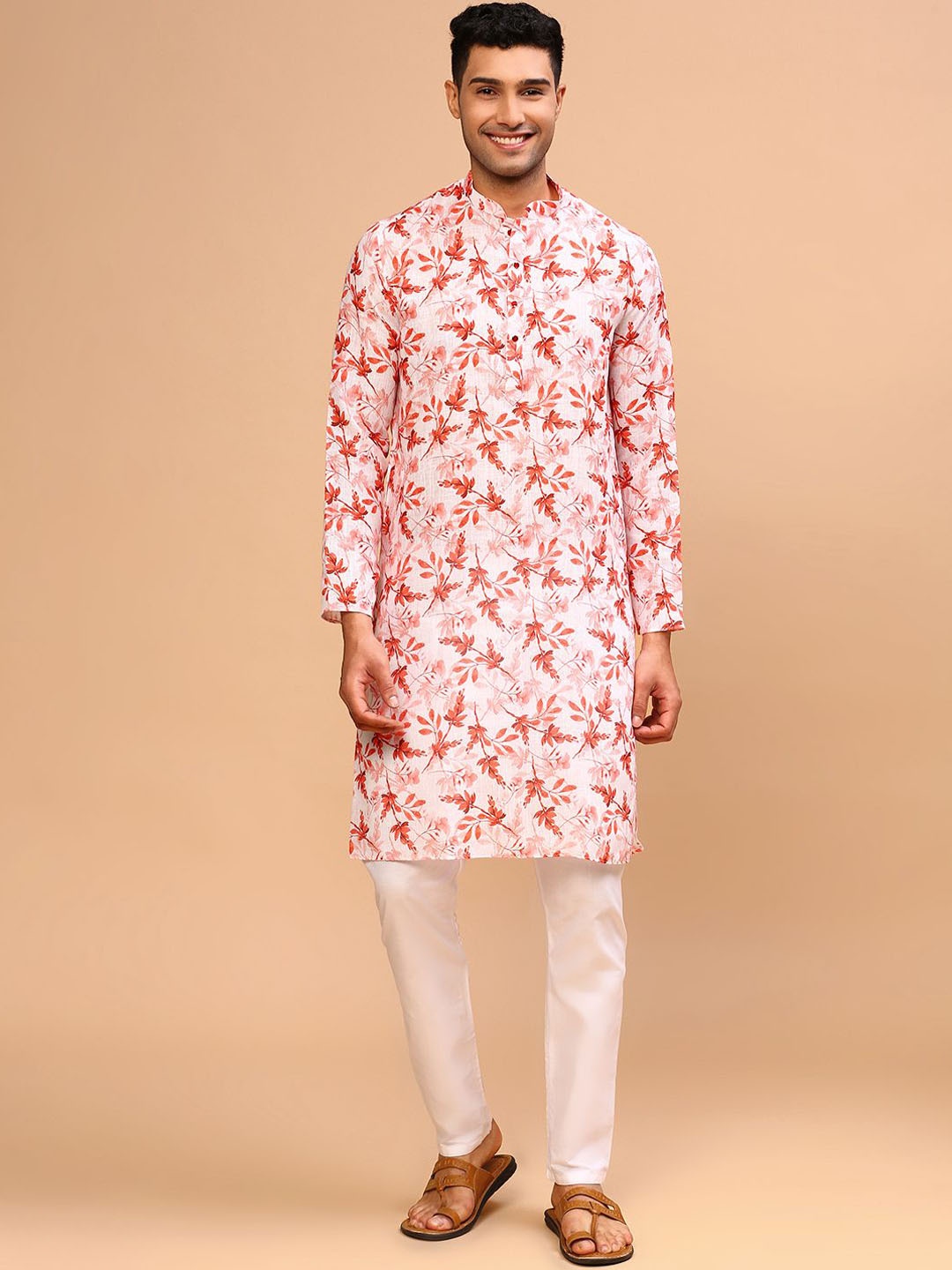 

CS EL Floral Printed Mandarin Collar Jacquard Straight Kurta, Orange