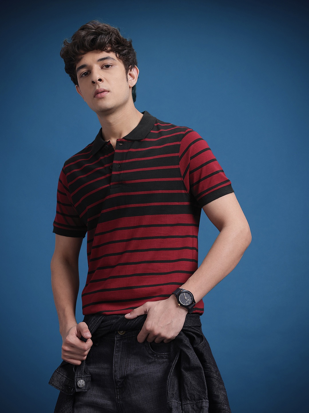 

The Roadster Lifestyle Co. Men Striped Polo Collar Pure Cotton T-shirt, Black