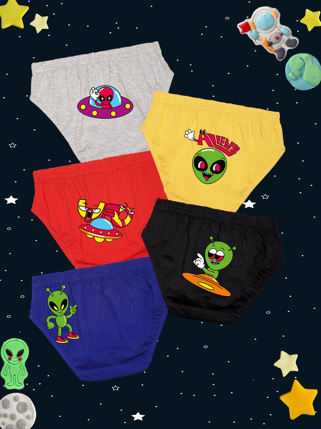 

NUSYL Boys Pack Of 5 Alien Printed Cotton Mid-Rise Basic Briefs NUBCBRFPO5.0057, Red
