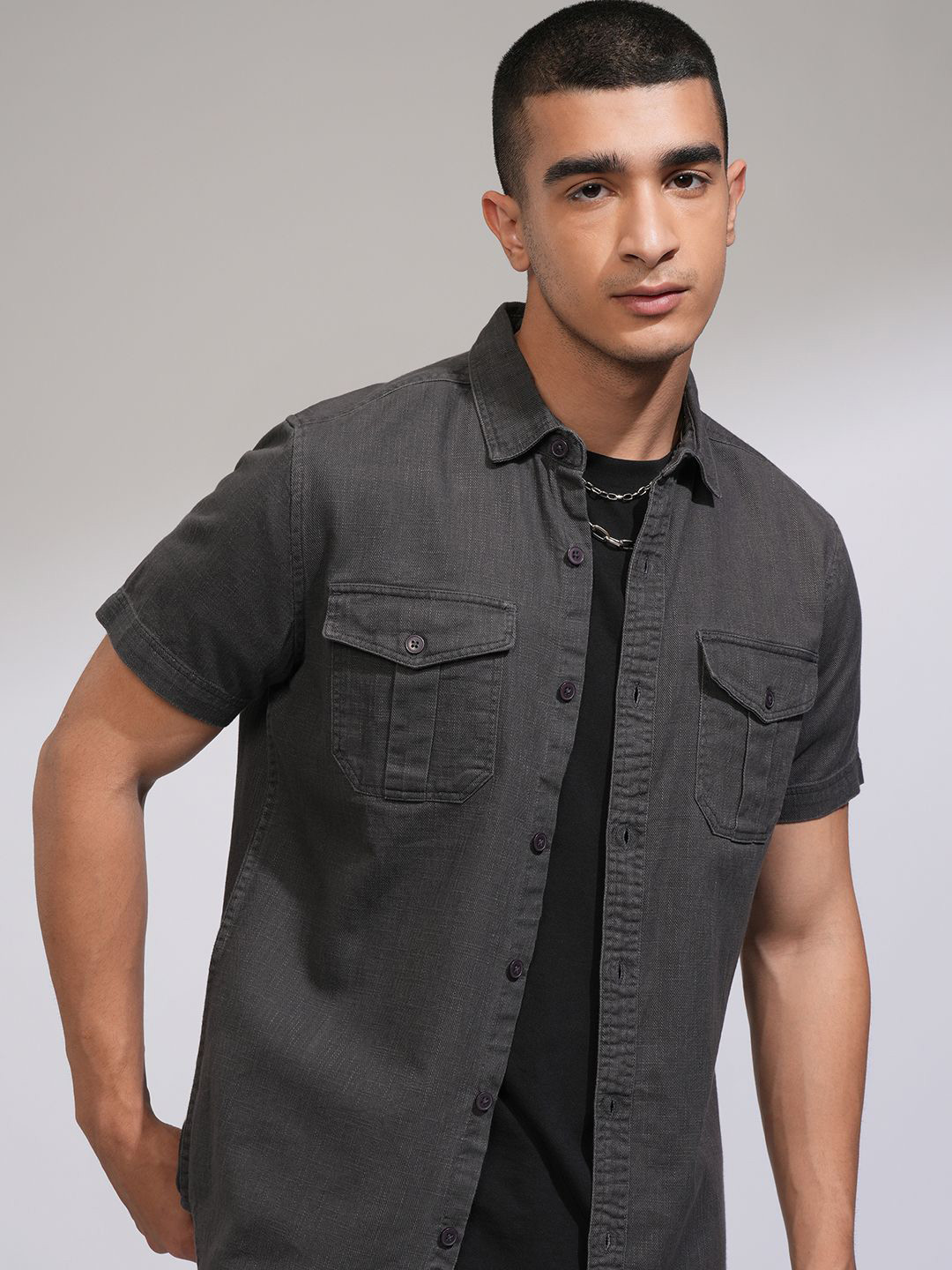 

HIGHLANDER Men Spread Collar Textured Cotton Casual Shirt, Grey