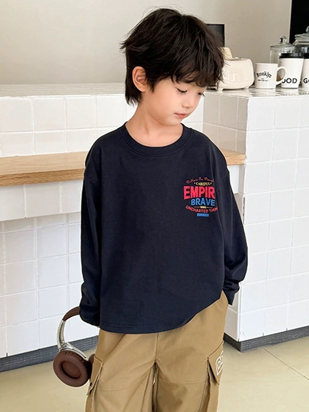

LULU & SKY Boys Typography Printed Round Neck Cotton Oversized T-shirt, Navy blue