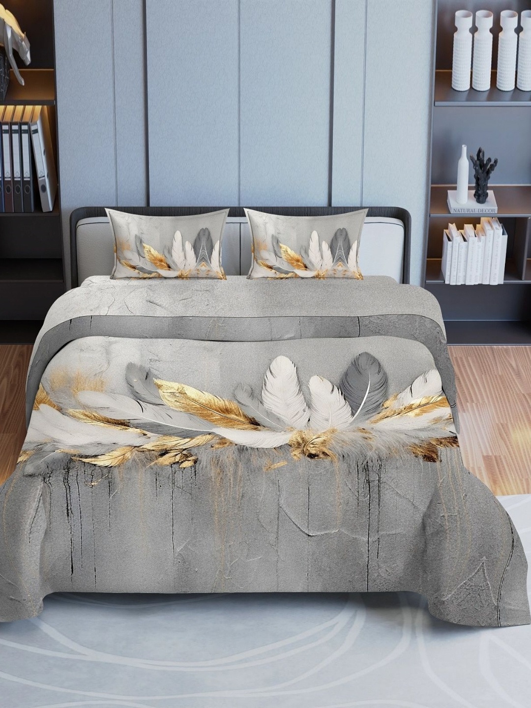

Synergized Beige & Teal Geometric Printed Cotton 300 TC King Bedsheet Set, Grey