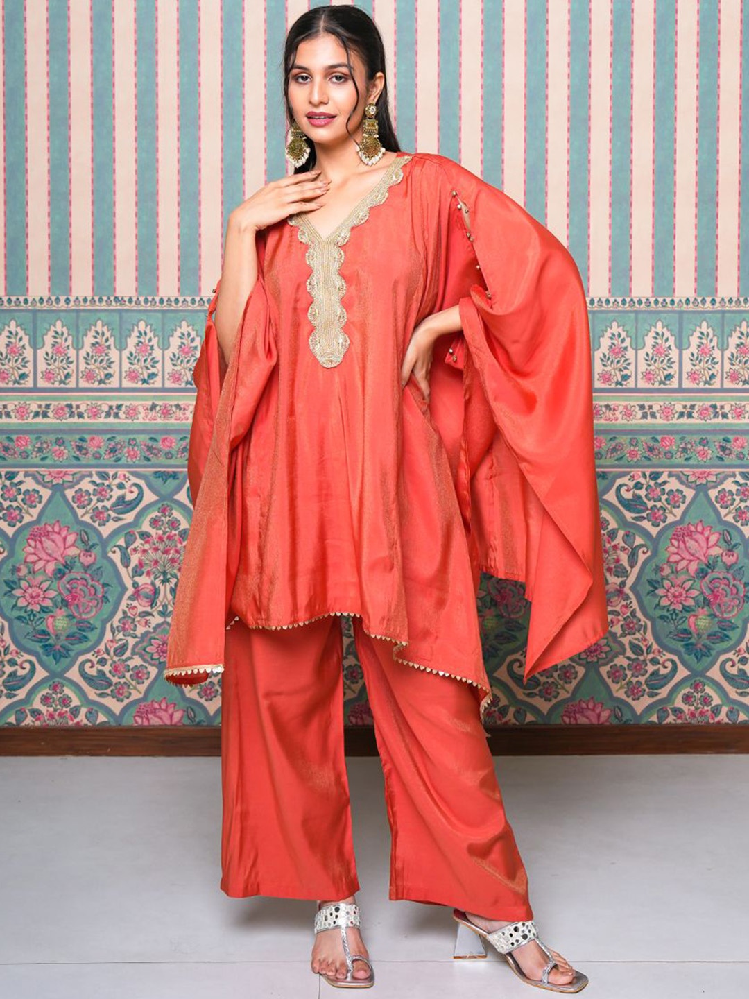 

Label Ishnya Embroidered Kaftan Tunic With Trousers, Rust