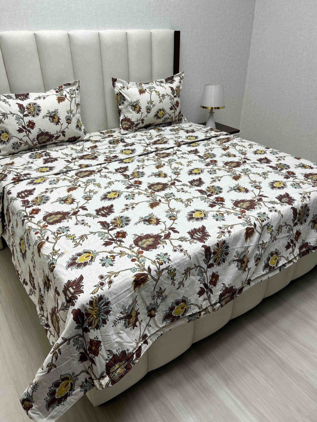 

Pure Decor White & Brown Floral Printed Superfine Double King Size Bedding Set