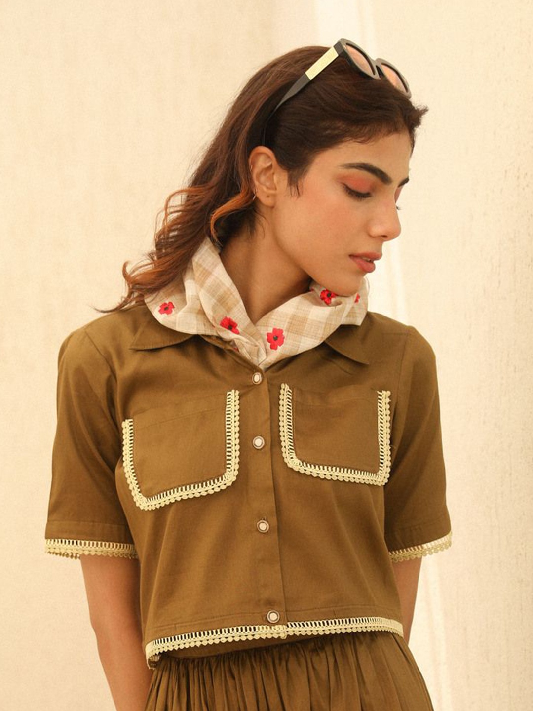 

YA-SA Shirt Style Cotton Crop Top, Olive