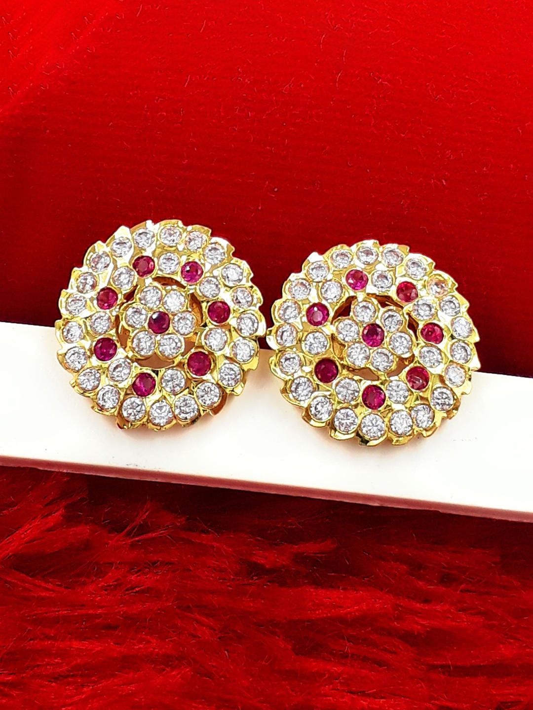 

Anujeet Fashion Hub Gold Plated AD Stone Studded Floral Shaped Impon Studs, Pink
