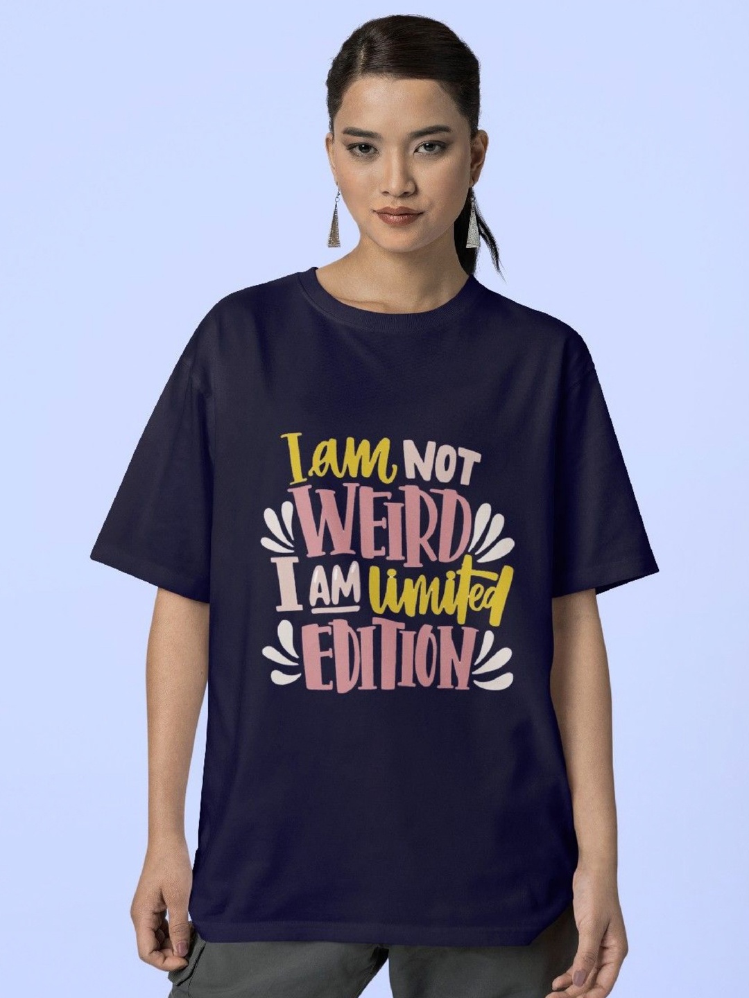 

Reifica Women Typography Printed Round Neck Cotton Oversized T-shirt, Navy blue