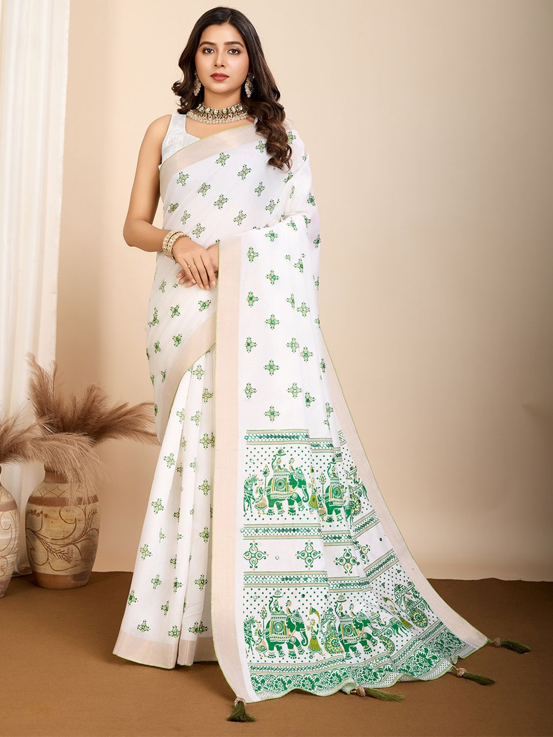 

bansari textiles Printed Ethnic Motifs Zari Banarasi Saree, White