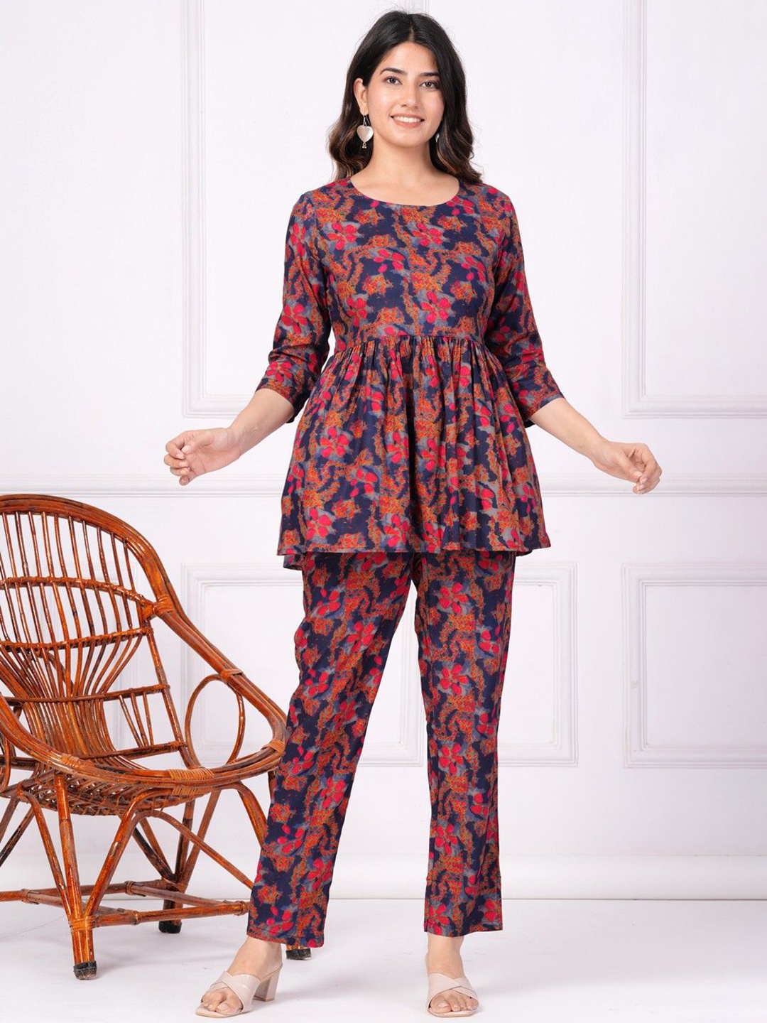 

COTNUF Printed Pure Cotton Tunic With Trouser Co-Ords, Rose