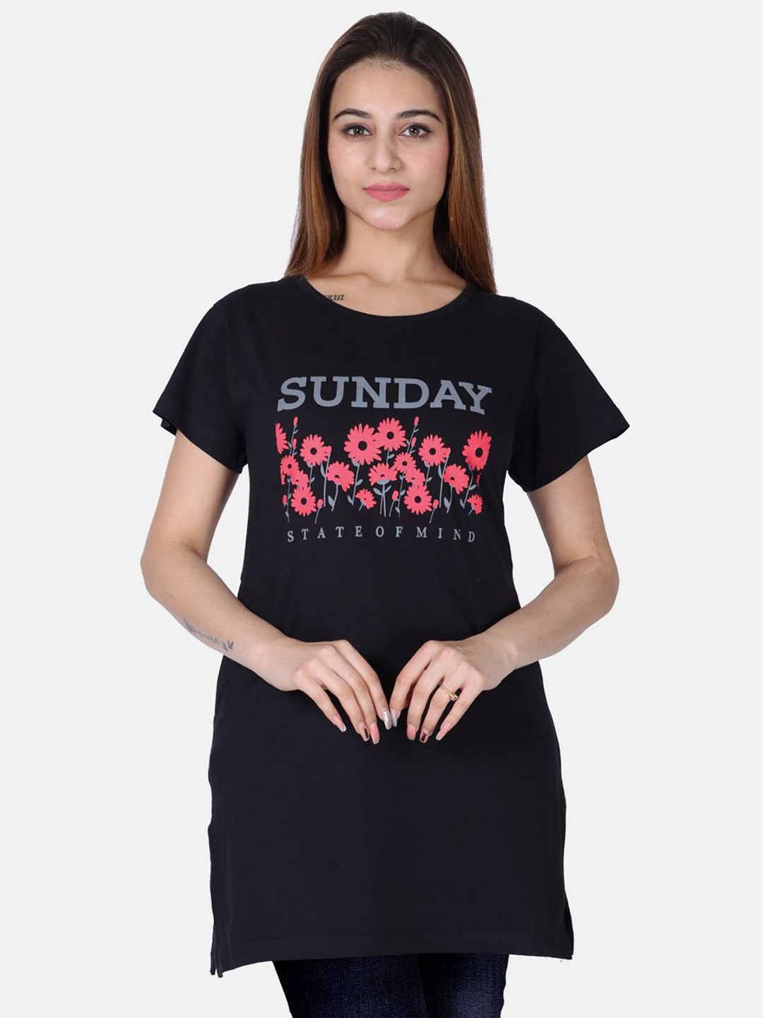 

Divine Girl Graphic Printed Cotton Longline T-Shirt, Black
