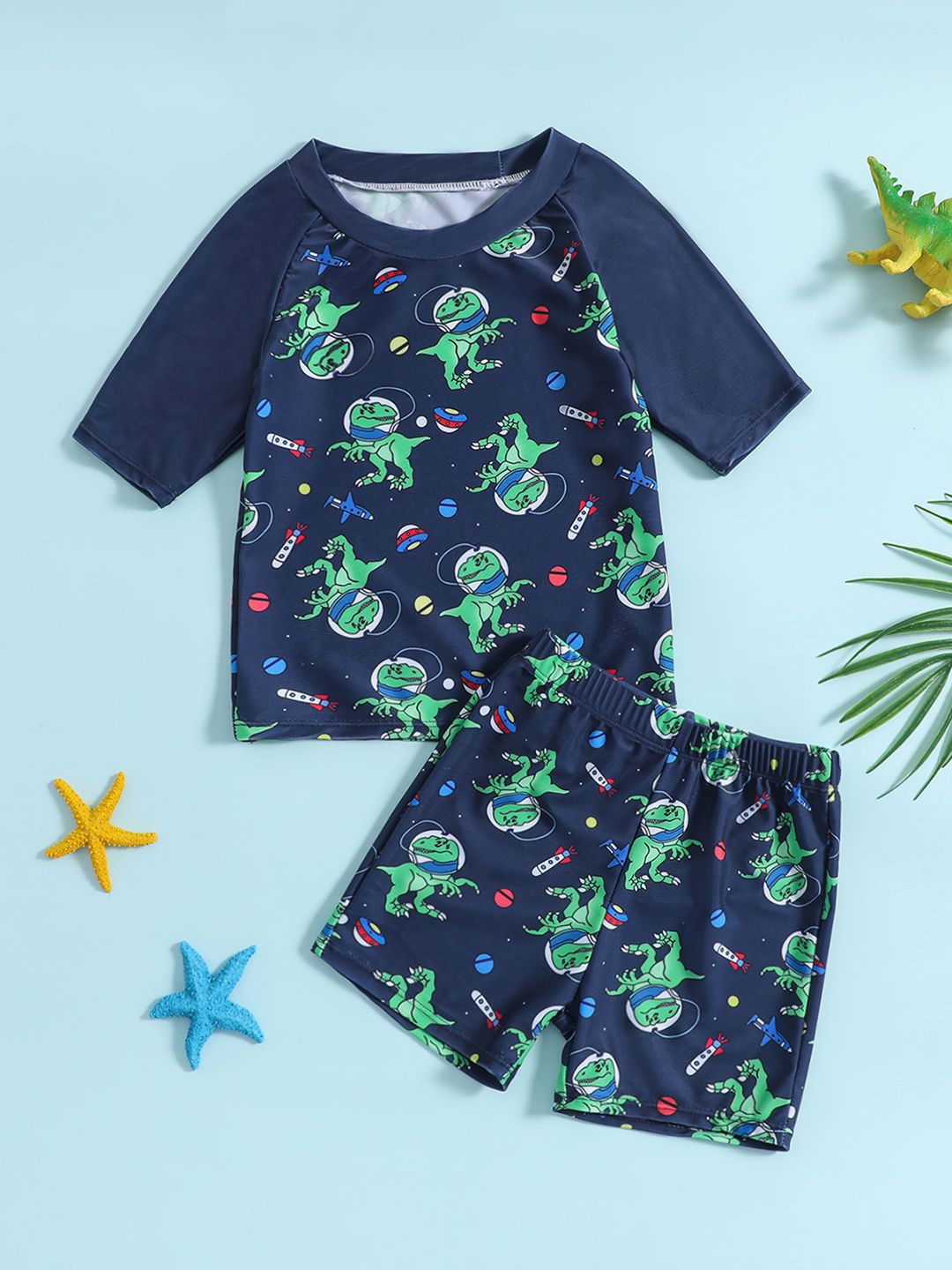 

YK Girls Printed Round Neck Swim Set, Blue