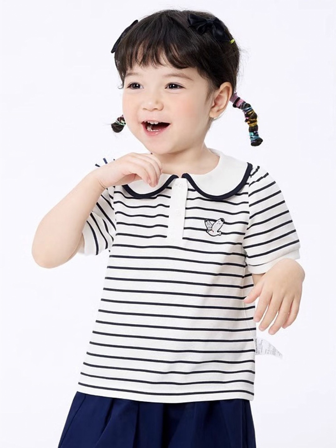 

LULU & SKY Girls Striped Polo Collar Cotton Oversized T-shirt, White
