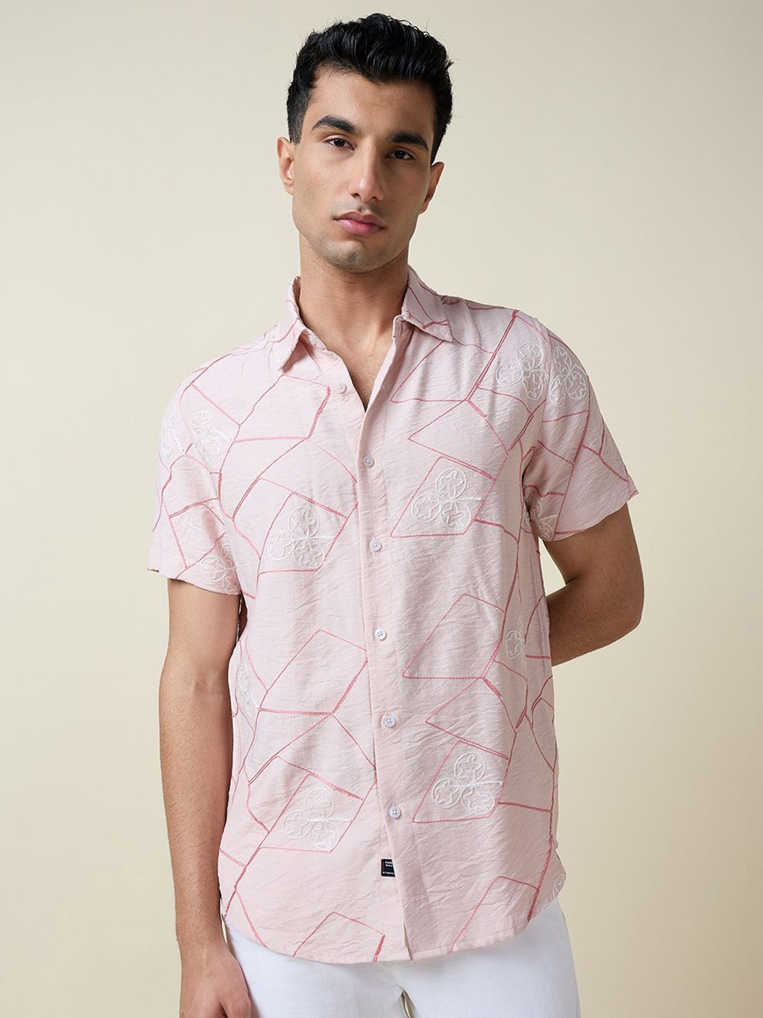 

Thomas Scott Men Embroidered Regular Fit Casual Shirt, Pink