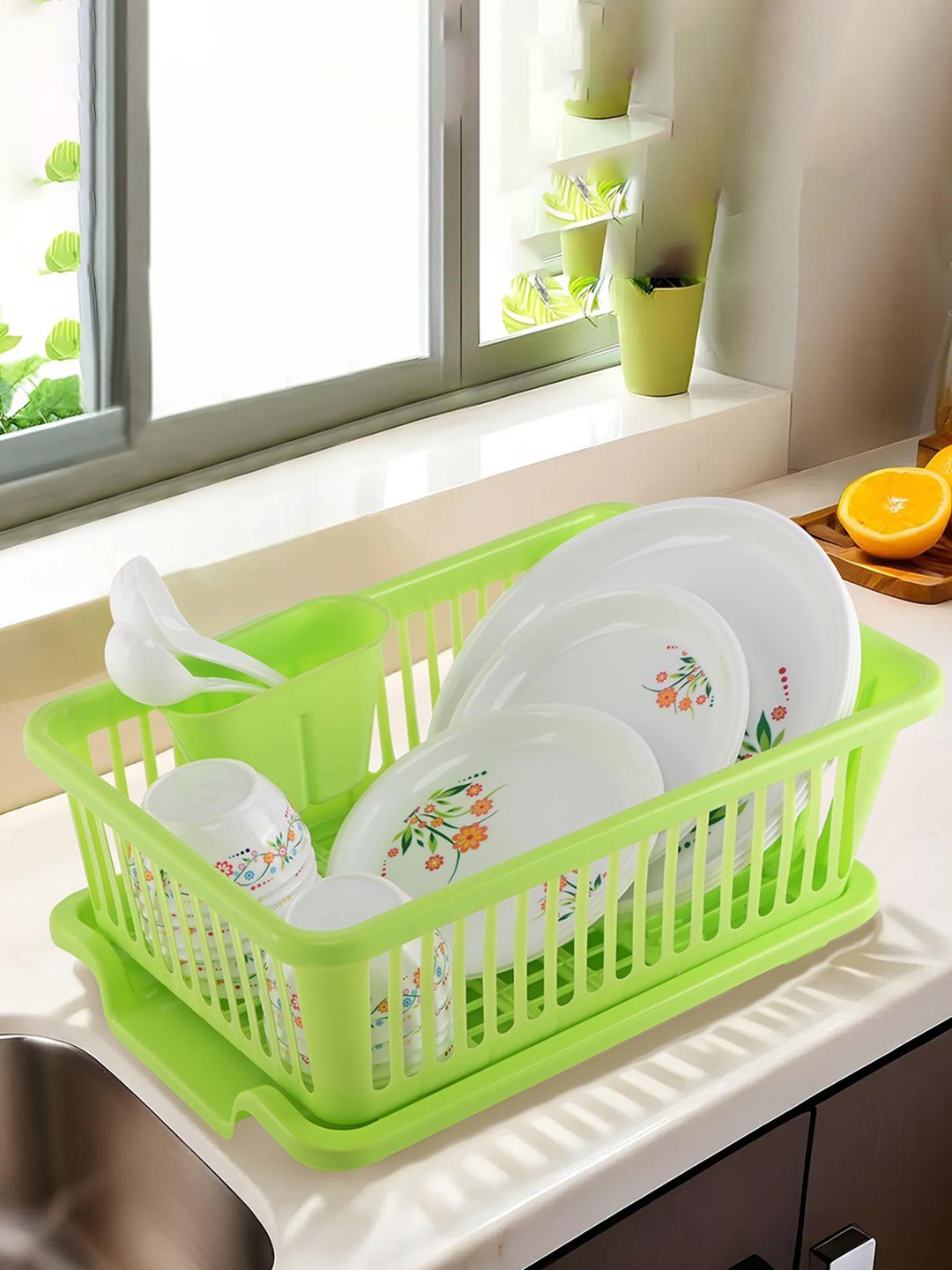 

Kuber Industries Green Self Design 3-in-1 Dish Drainer Basket With Water Draining Tray