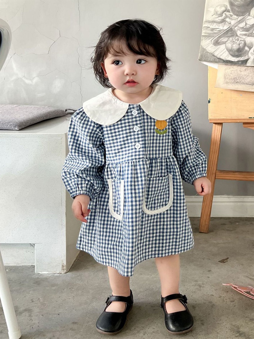 

LULU & SKY Girls Checked Peter Pan Collar Puff Sleeve A-Line Dress, Blue