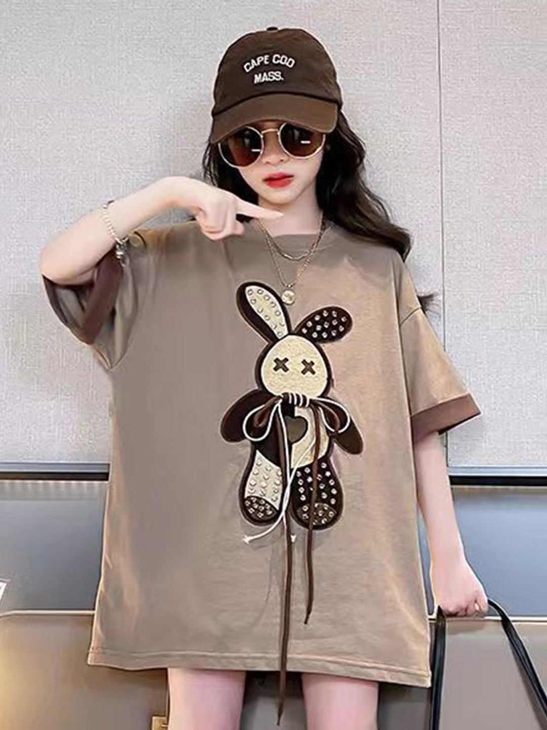 

LULU & SKY Girls Graphic Printed Round Neck Cotton Oversized T-shirt, Khaki