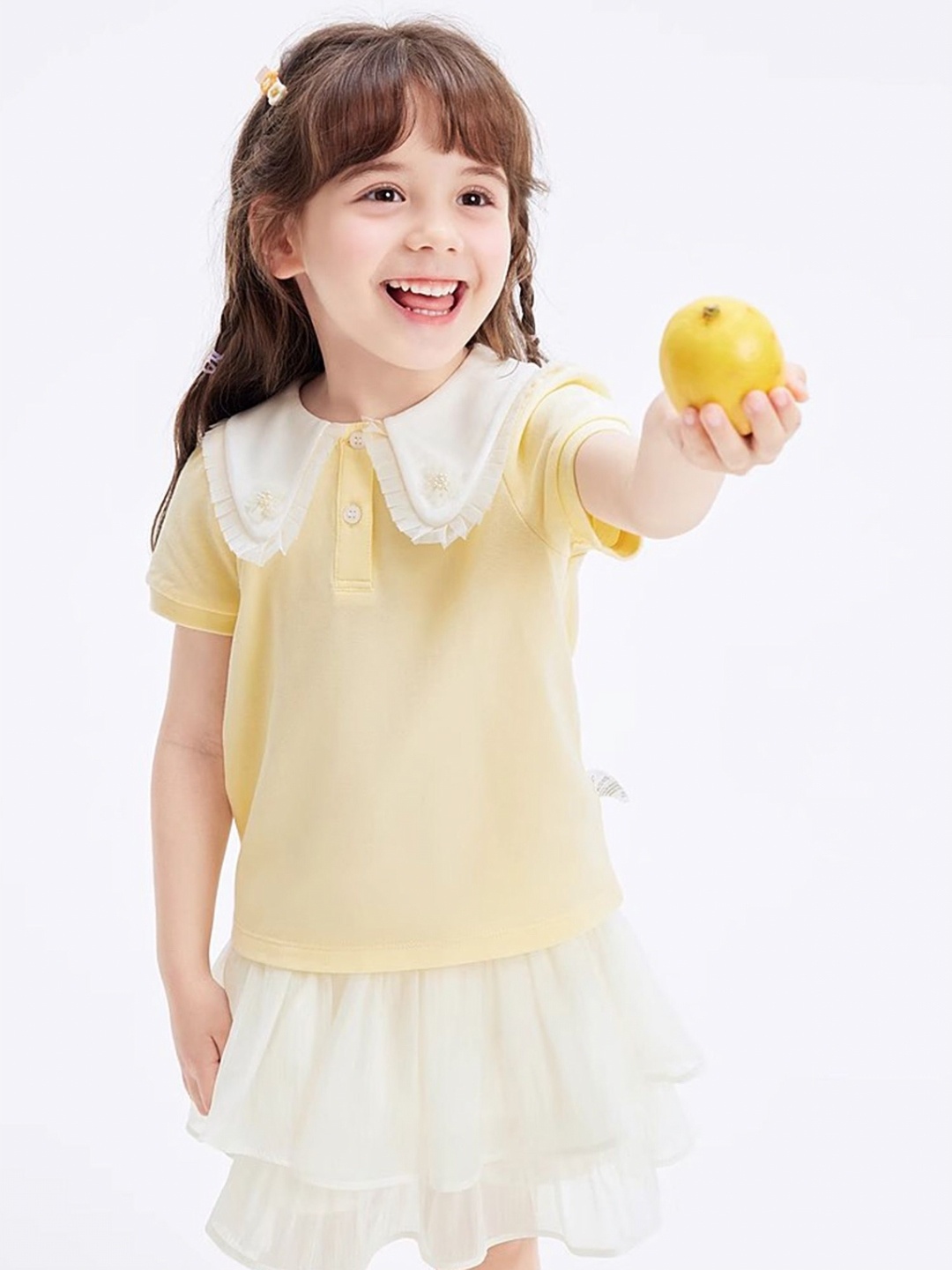

LULU & SKY Girls Solid Peter Pan Collar Cotton T-shirt, Yellow