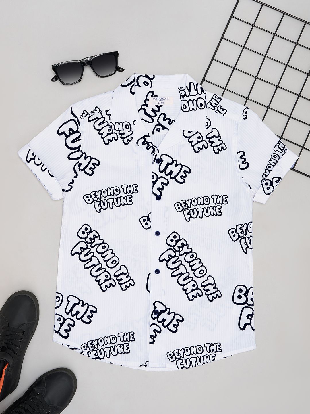

Pantaloons Junior Boys Collarless Typography Printed Cotton Casual Shirt, White