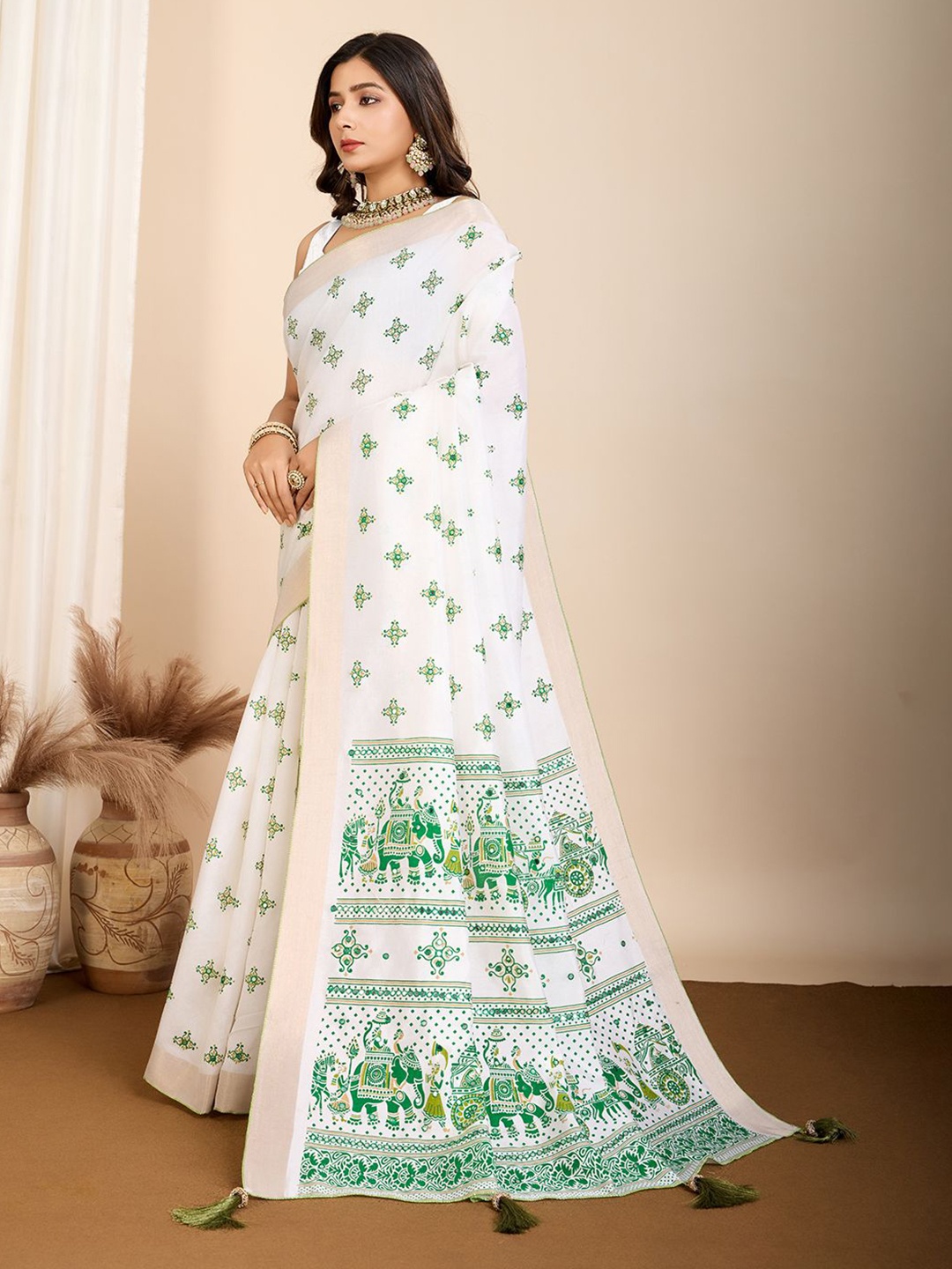 

Kriyansh Ethnic Motifs Zari Silk Blend Banarasi Saree With Blouse Piece, Green