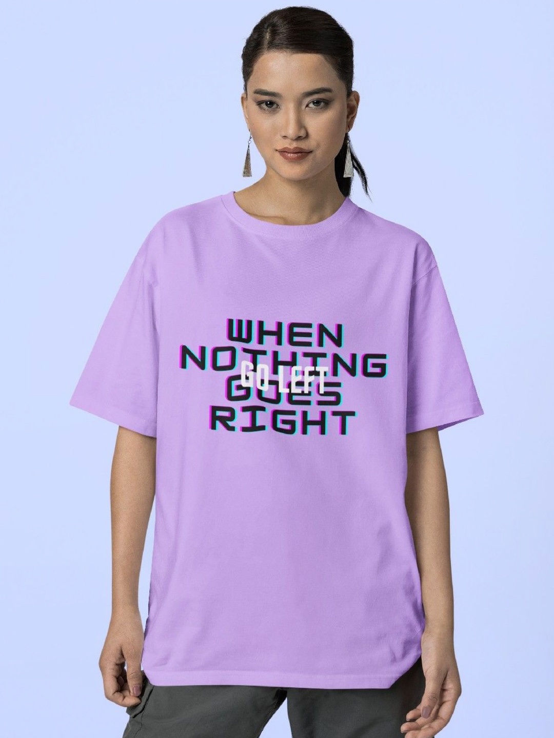 

Reifica Women Typography Printed Round Neck Cotton Oversized T-shirt, Lavender