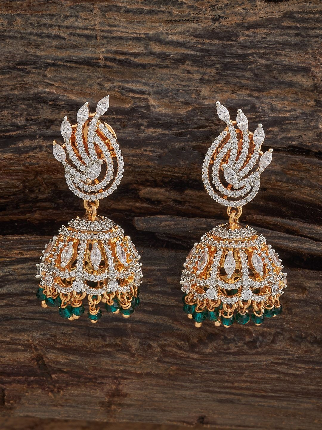 

Kushal's Fashion Jewellery Rhodium Gold-Plated Zircon Studded Dome Shaped Jhumkas Earrings