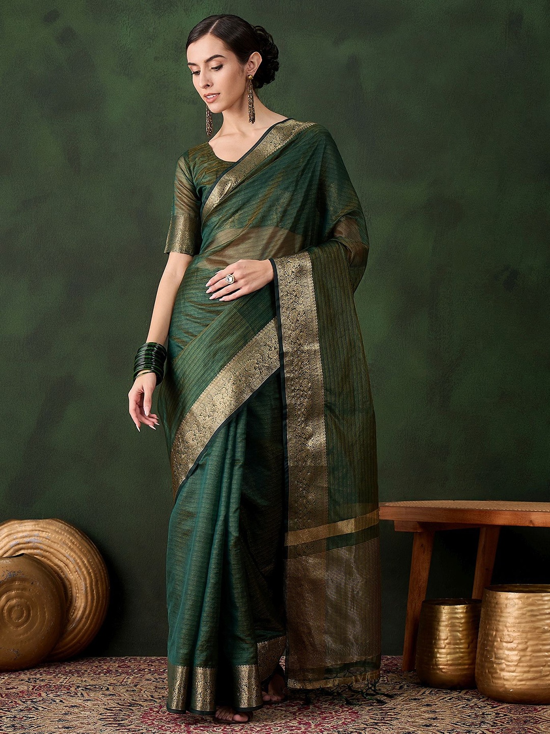 

MANVAA Woven Design Zari Organza Saree, Green