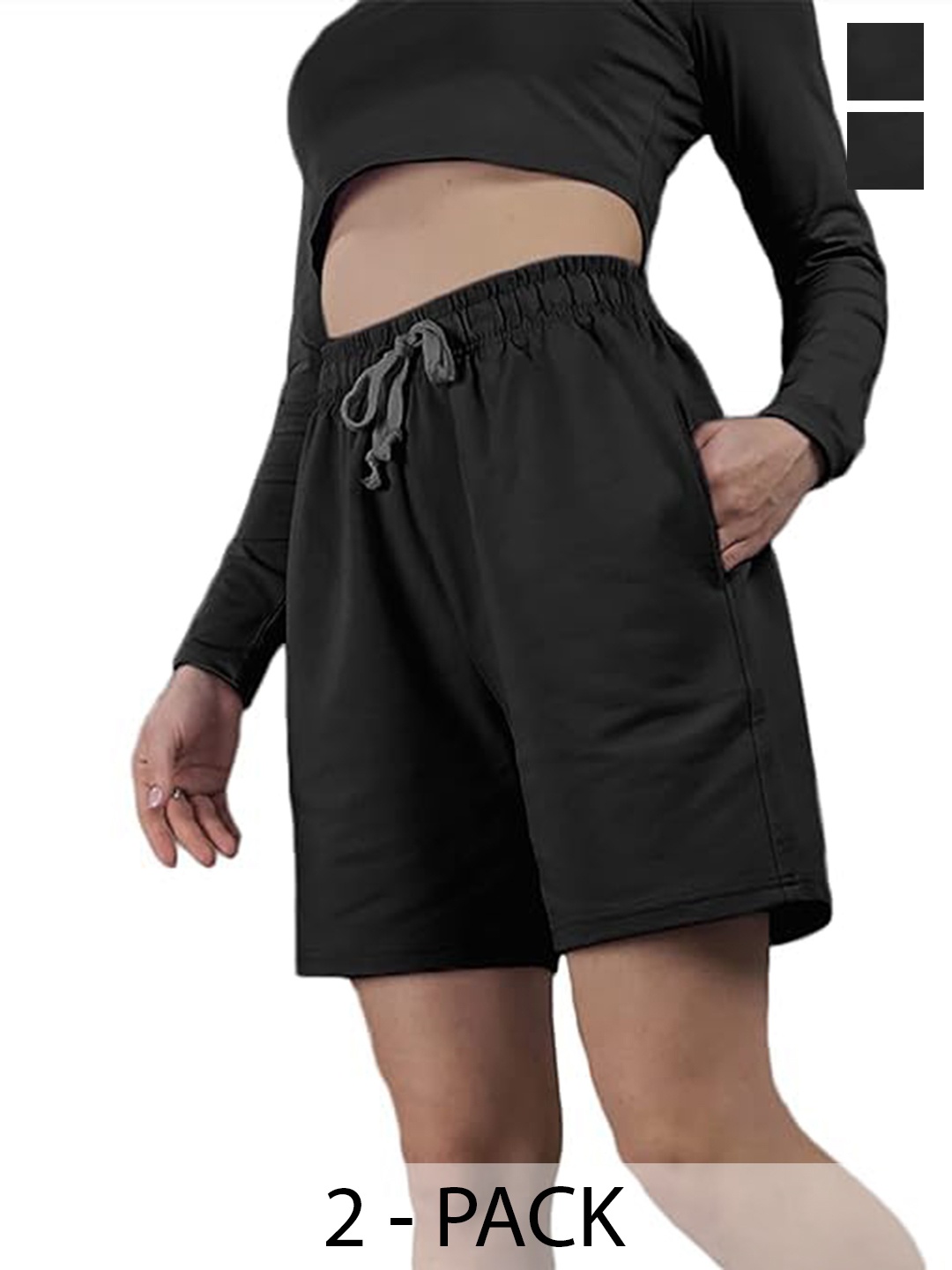 

NOTWILD Women Pack Of 2 Cotton Mid-Rise Training or Gym Sports Shorts, Black