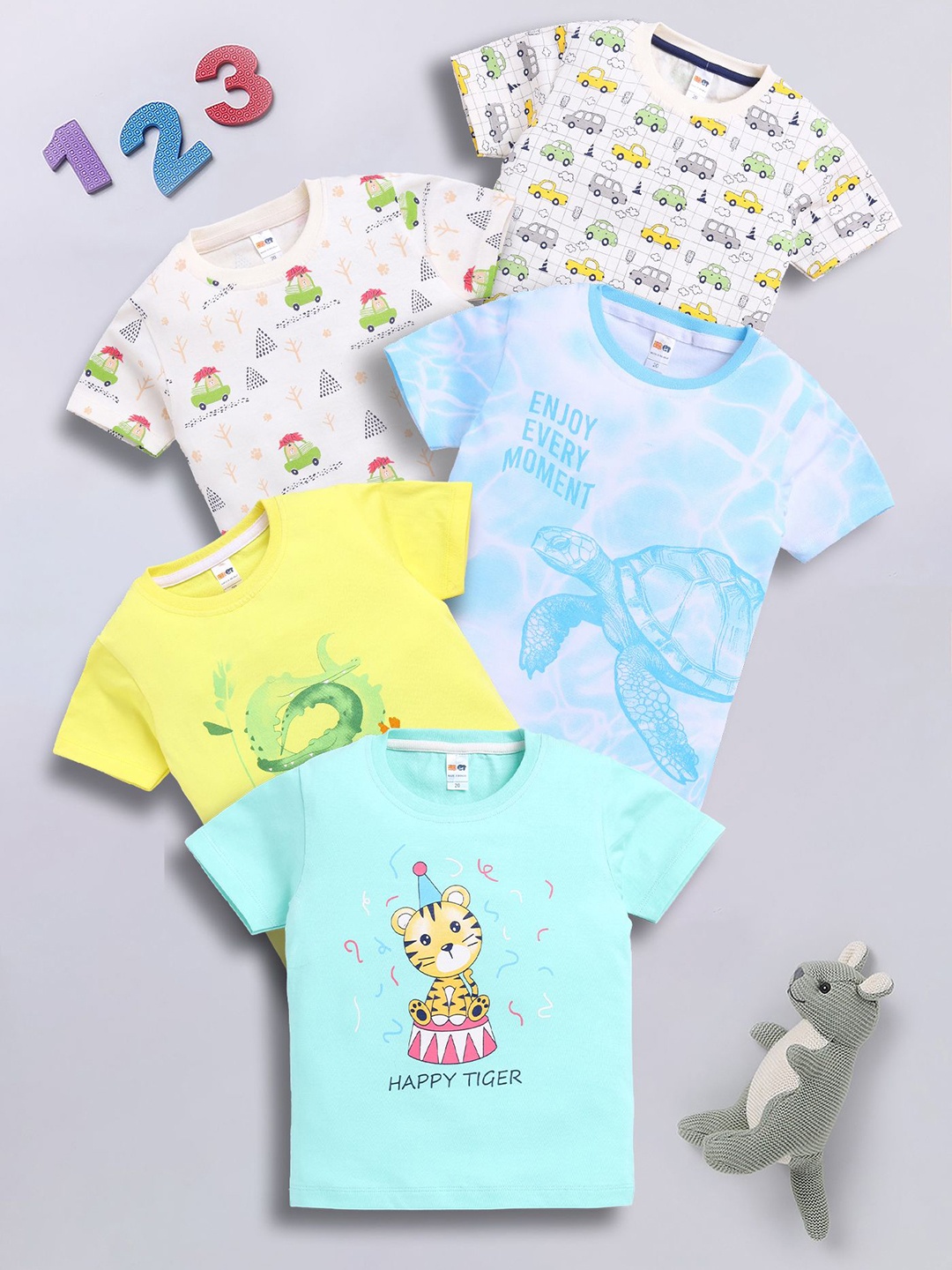 

LITTLE NINJA Boys Pack Of 5 Graphic Printed Round Neck Cotton T-shirts, Sea green