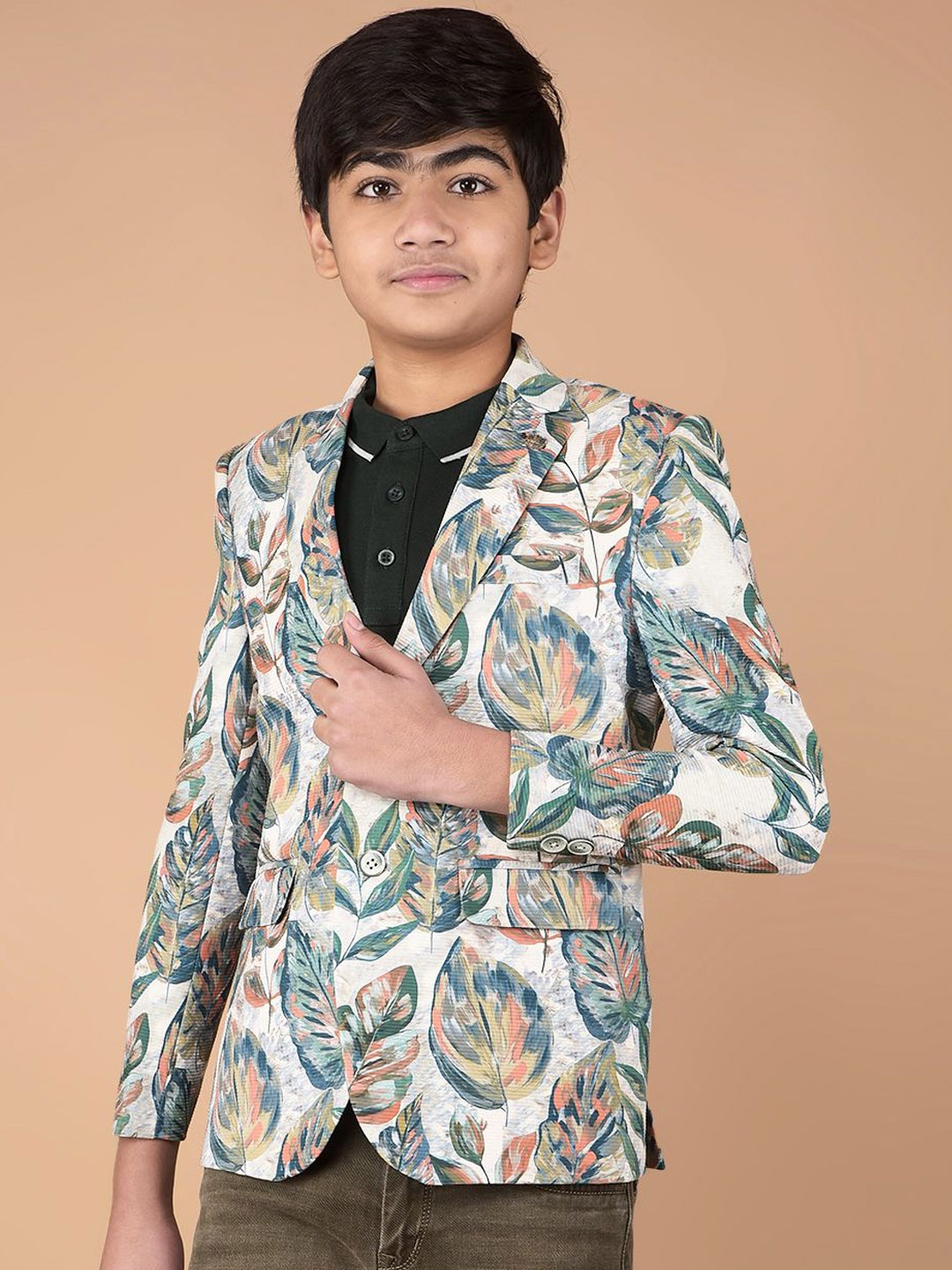 

Crimsoune Club Boys Floral Printed Notched Lapel Collar Cotton Single Breasted Blazer, Green