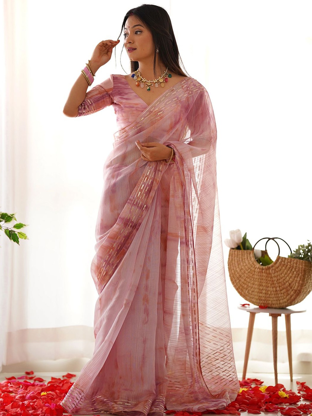 

LeeliPeeri Designer Striped Sequinned Organza Designer Saree, Pink