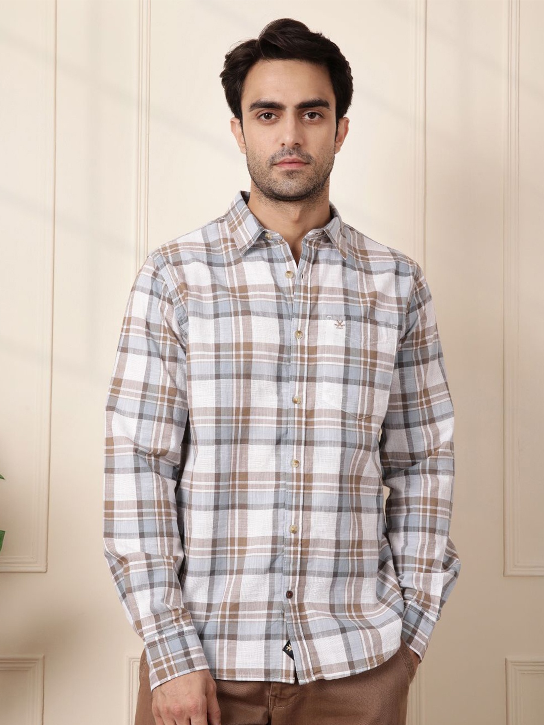 

WROGN Men Comfort Fit Spread Collar Tartan Checked Cotton Casual Shirt, White