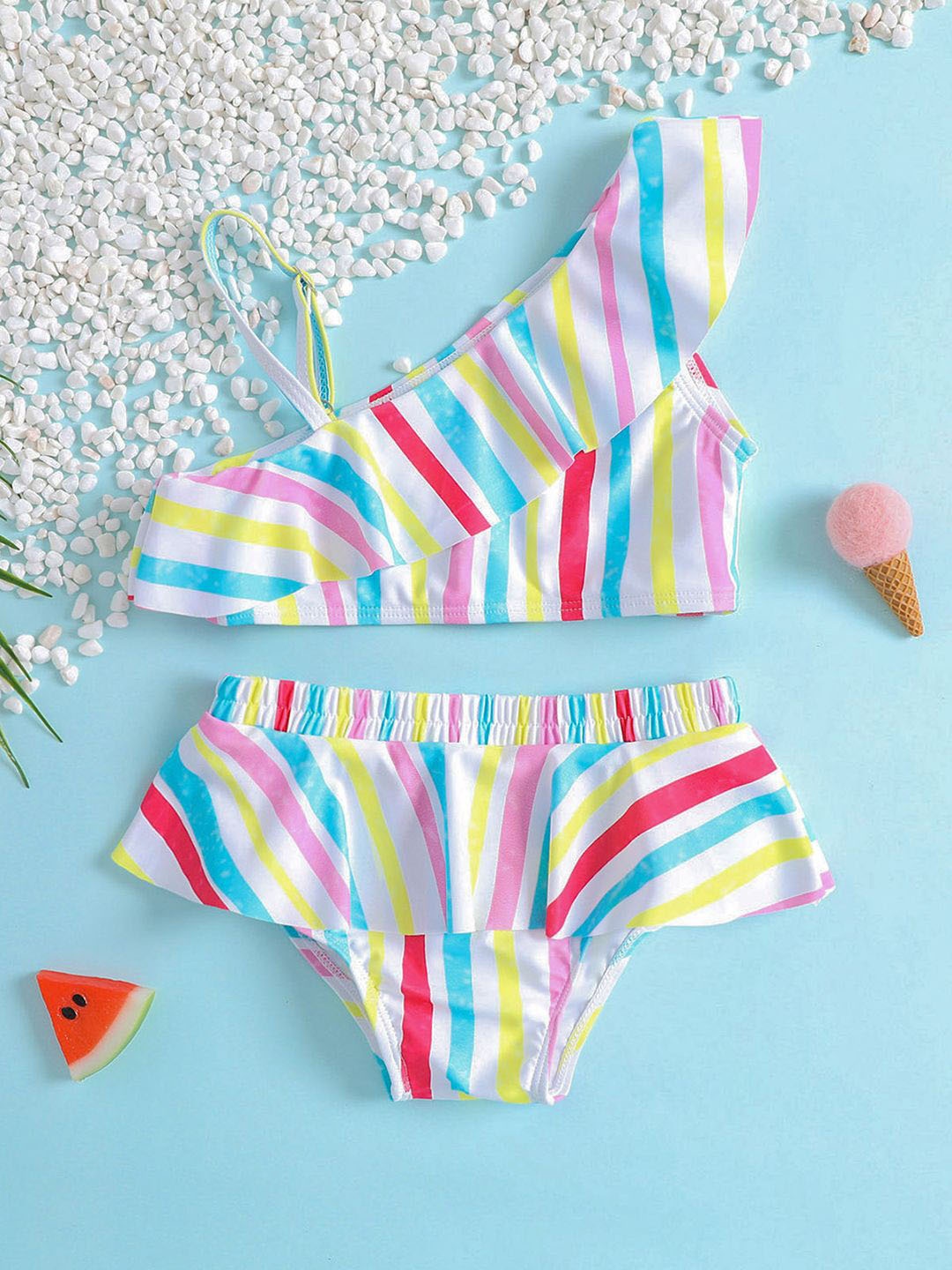 

YK Girls Striped Top & Briefs Swim Set, White
