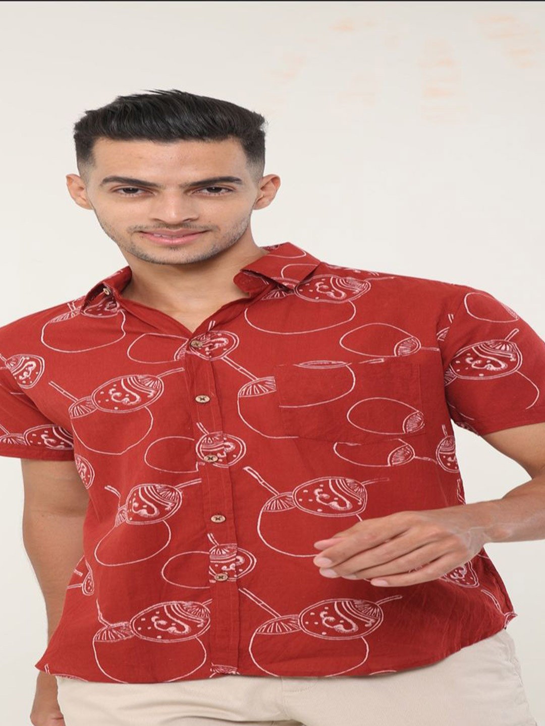 

Style Matters Men Standard Fit Spread Collar Floral Printed Cotton Casual Shirt, Red