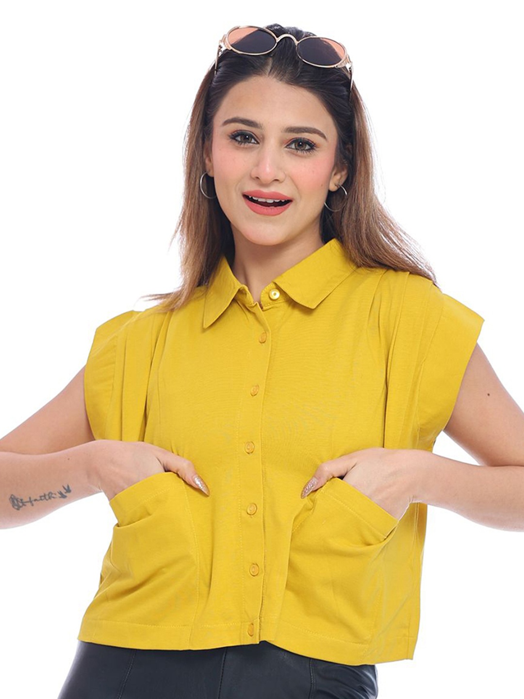 

Moda Elementi Women Shirt Collar Cap Sleeves Cotton Crop Top, Yellow