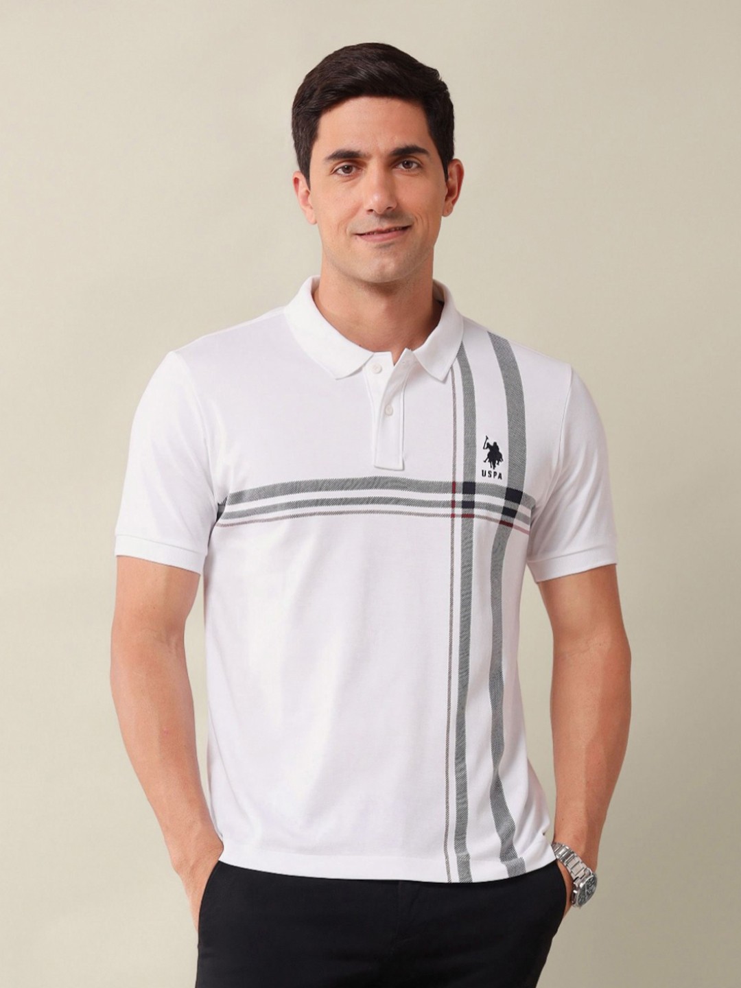 

U.S. Polo Assn. Men Checked Polo Collar Cotton Slim Fit T-shirt, White