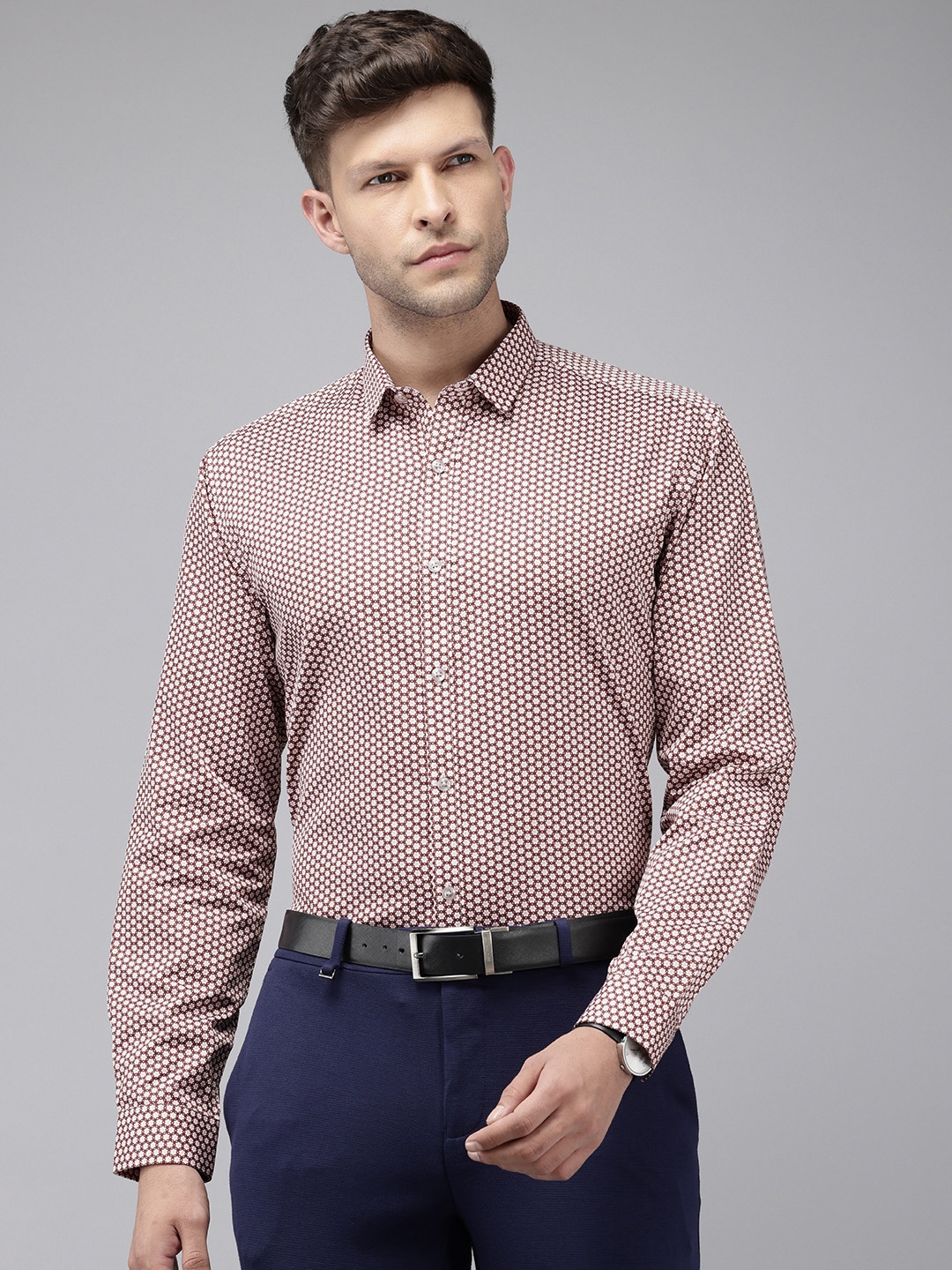 

V Dot Slim Fit Floral Printed Pure Cotton Formal Shirt, Brown