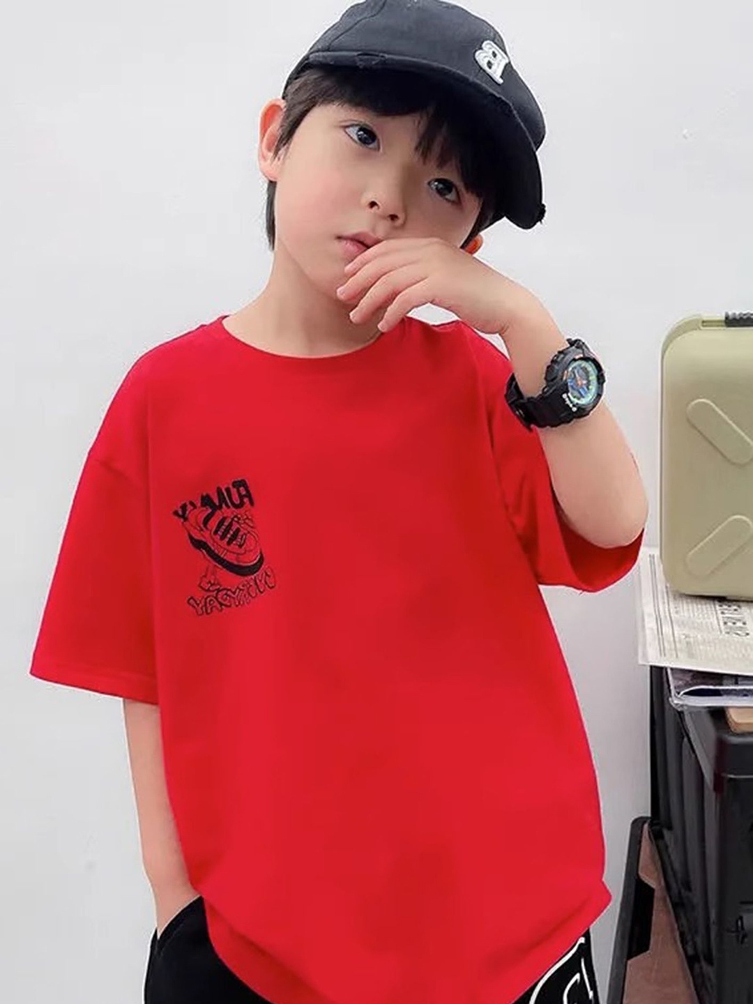

LULU & SKY Boys Graphic Printed Round Neck Cotton Oversized T-shirt, Red