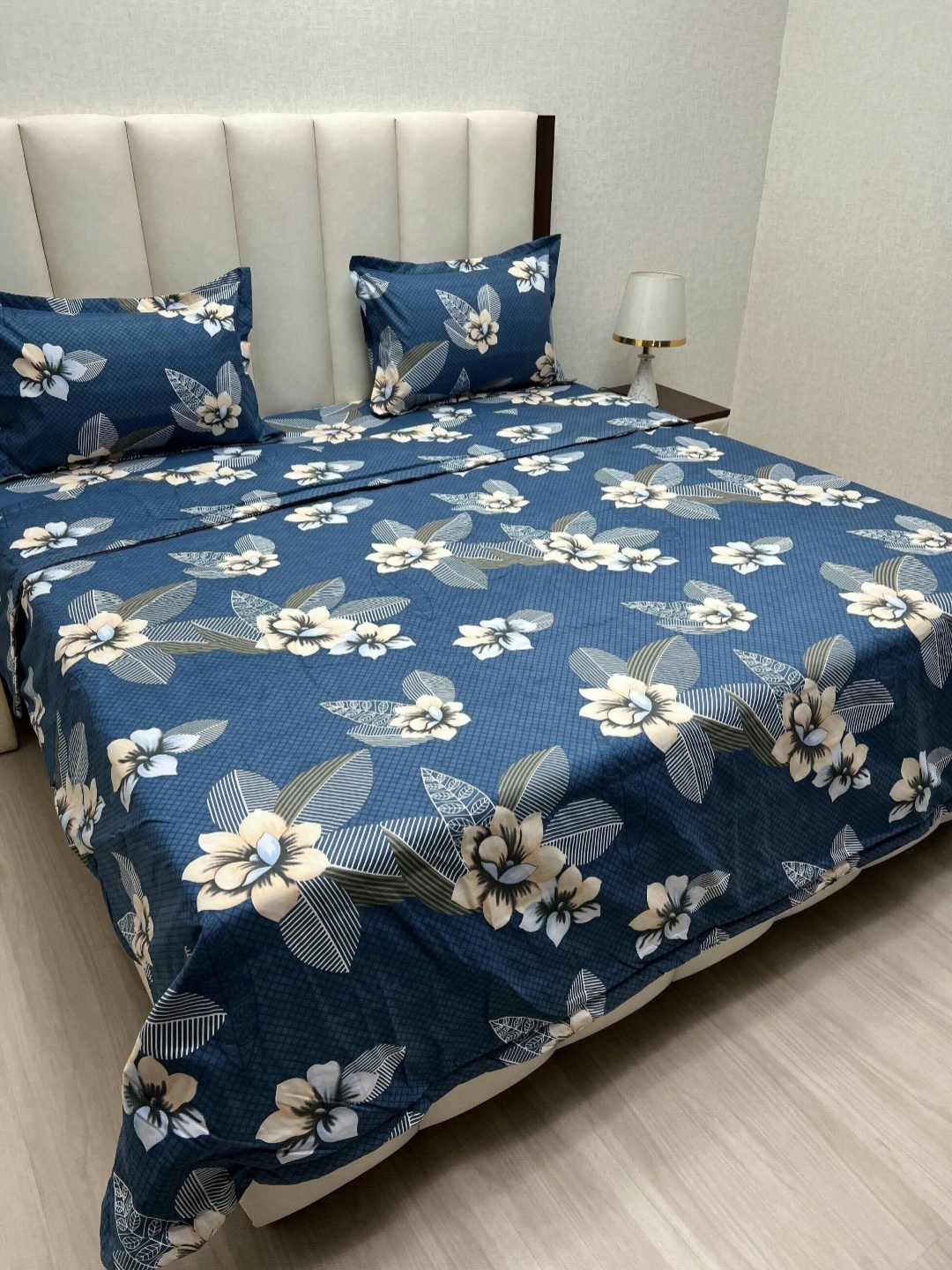 

Pure Decor Blue & Beige Floral Polycotton Double King Superfine Bedding Set
