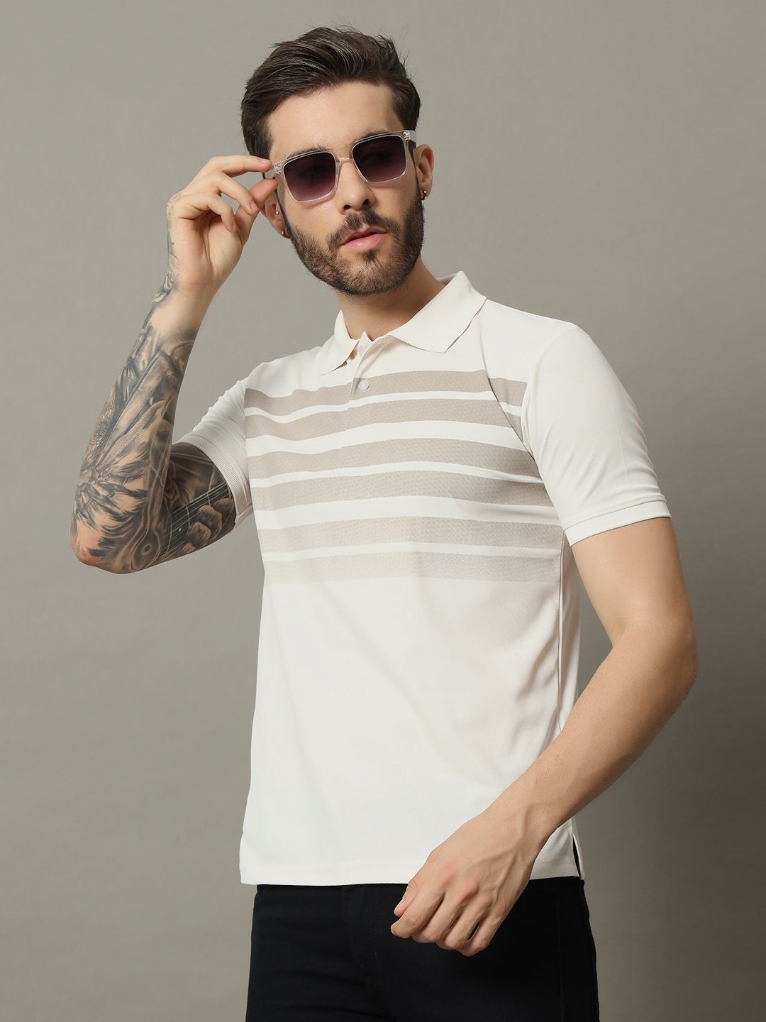 

RENUOVO Men Striped Polo Collar Cotton T-shirt, Olive