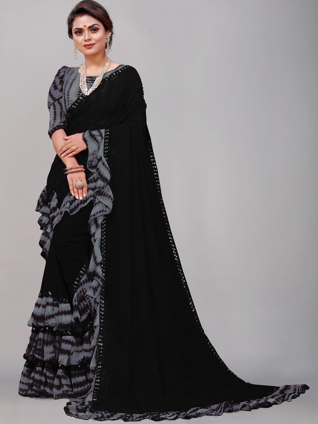 

Moda Rapido Mirror Work Pure Georgette Ruffles Saree, Grey