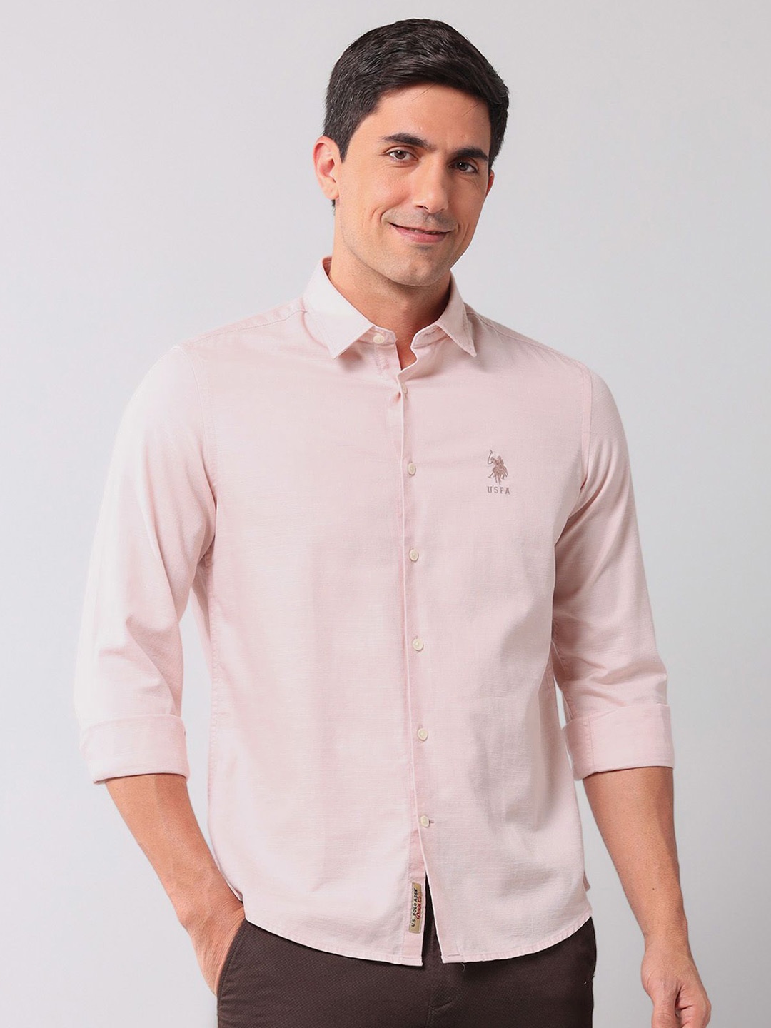 

U.S. Polo Assn. Denim Co. Men Classic Fit Spread Collar Solid Cotton Casual Shirt, Pink