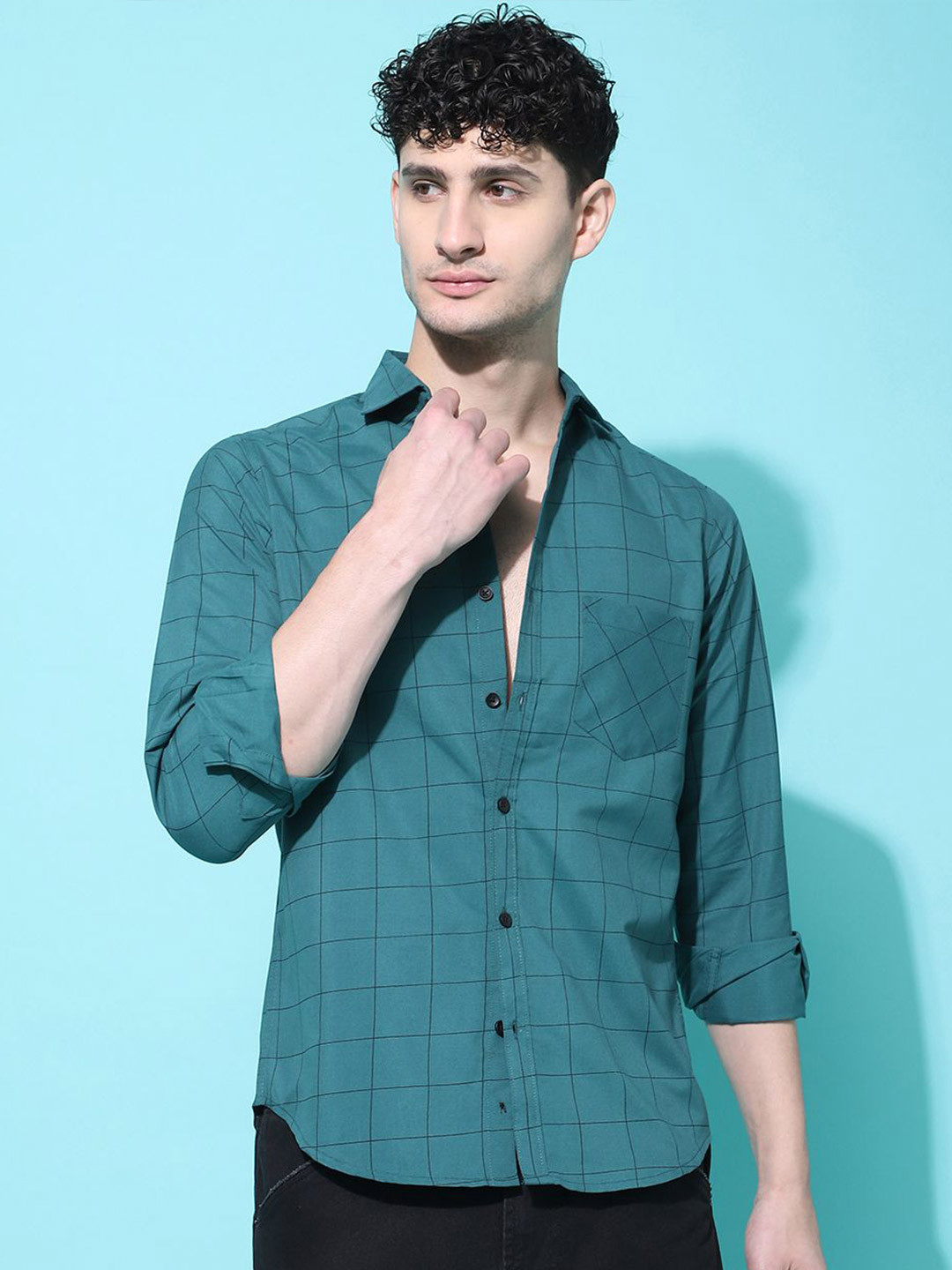 

Metronaut Men Regular Fit Spread Collar Windowpane Checked Cotton Casual Shirt, Teal