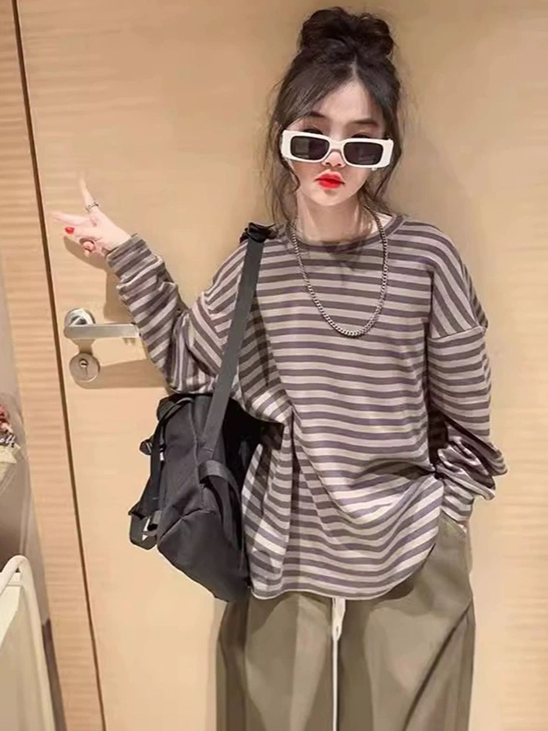 

LULU & SKY Girls Striped Round Neck Oversized T-shirt, Brown